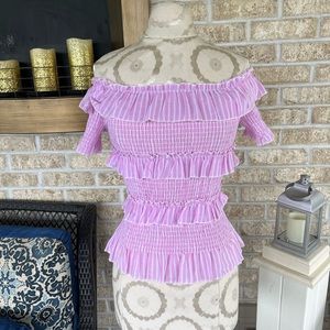 Tee Ink pink and white striped off the shoulder smocked ruffle top size S/ XS